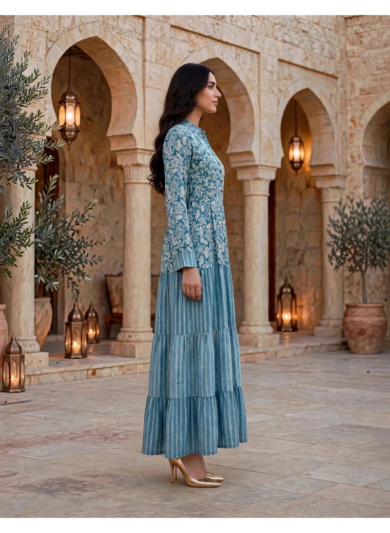 IKKXA Mandala Pattern Tiered Maxi Jalabiya IK219Blue - Image 3