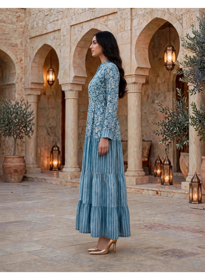 IKKXA Mandala Pattern Tiered Maxi Jalabiya IK219Blue - Image 4