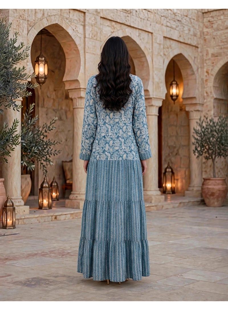 IKKXA Mandala Pattern Tiered Maxi Jalabiya IK219Blue - Image 5