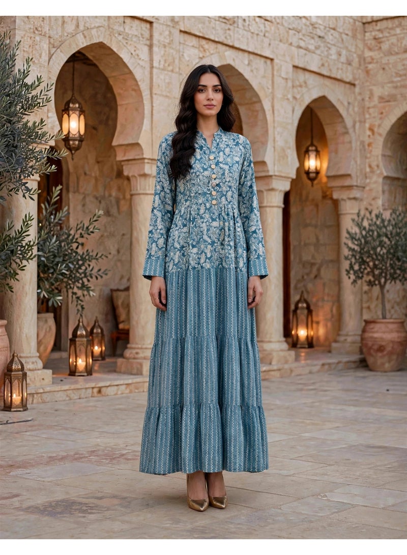 IKKXA Mandala Pattern Tiered Maxi Jalabiya IK219Blue - Image 1