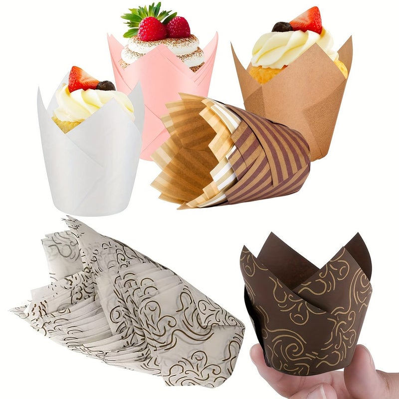 White Golden Cloud 50pcs High Temperature Tulip Cupcake Baking Paper Liner Holder - Image 1