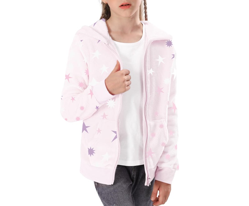 V.&GRIN Girl Zip up Hoodie Sweatshirt Soft Fuzzy Fleece Jacket with Pocket for Girls 5-16 Years(Pink Stars 10-12 - Image 1