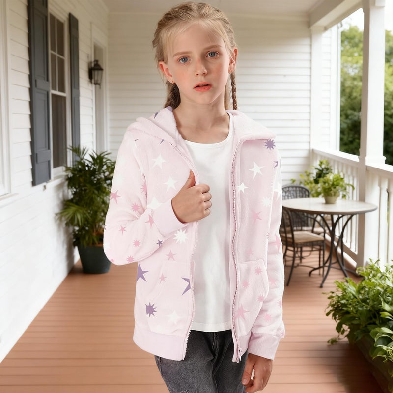 V.&GRIN Girl Zip up Hoodie Sweatshirt Soft Fuzzy Fleece Jacket with Pocket for Girls 5-16 Years(Pink Stars 10-12 - Image 3