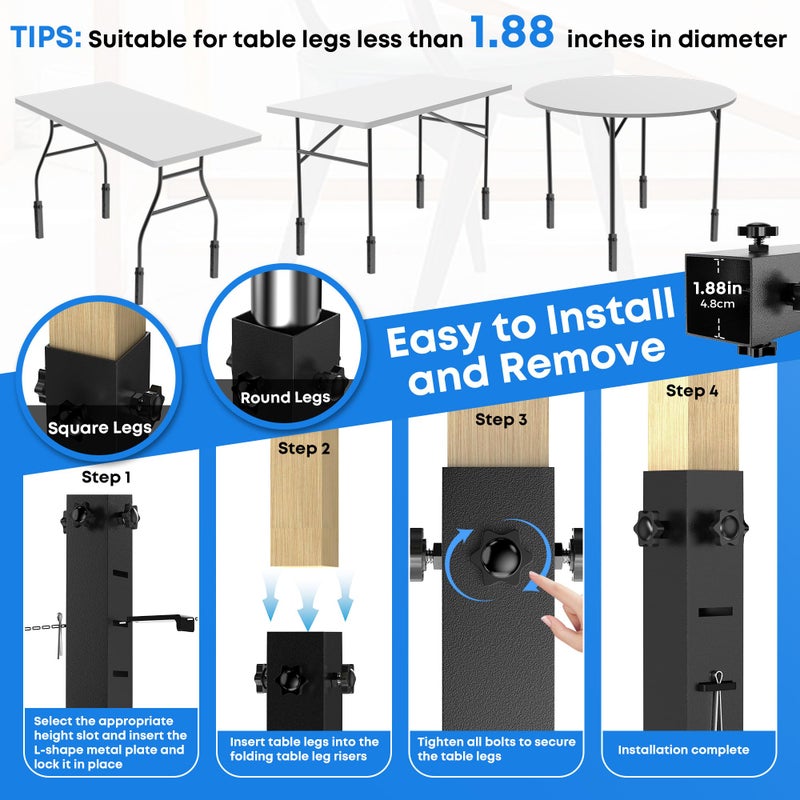 Laowu 4 Pack Folding Table Risers, Super-Strength Steel Table Leg Extenders, Table Height Extenders, Tables Lifts Risers, 3 Levels Adjustable Height Desk Leg Extensions Rise 2.3inï½œ4.3inï½œ6.3in - Image 5
