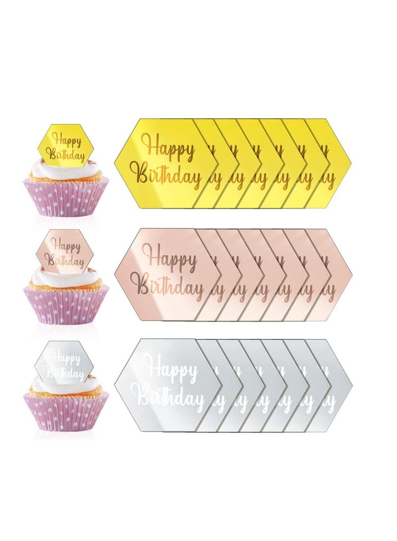 Excefore Happy Birthday Cake Disc, 21Pcs Mini Acrylic Cupcake Toppers, Mirror Acrylic Cake Topper, Suitable for Birthday Party DIY Cupcake Decoration (Hexagon, 21) - Image 1