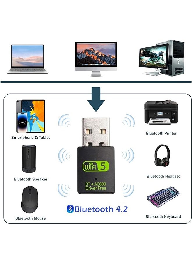 USB WiFi Bluetooth Adapter, 600Mbps Dual Band 2.4/5Ghz Wireless Network External Receiver, Mini WiFi Dongle for PC/Laptop/Desktop