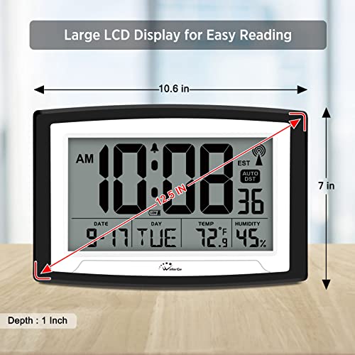 WallarGe Atomic Clock with Indoor Temperature and Humidity, 12.5 Inch Self-Setting Digital Wall Clock or Desk Clock, Battery Operated Digital Clock Large Display for Seniors, Auto DST - Image 3