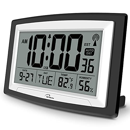 WallarGe Atomic Clock with Indoor Temperature and Humidity, 12.5 Inch Self-Setting Digital Wall Clock or Desk Clock, Battery Operated Digital Clock Large Display for Seniors, Auto DST - Image 1