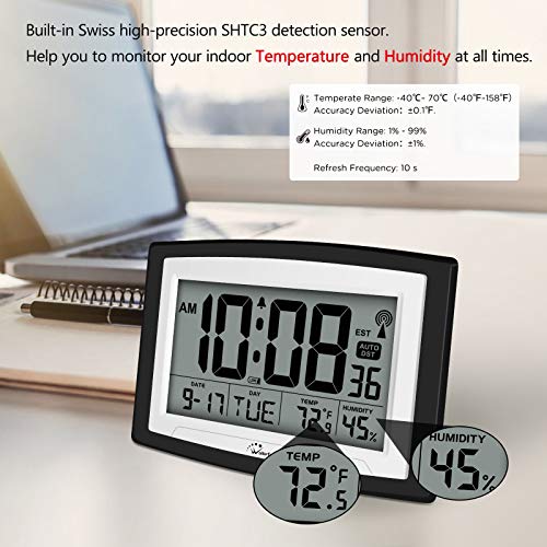 WallarGe Atomic Clock with Indoor Temperature and Humidity, 12.5 Inch Self-Setting Digital Wall Clock or Desk Clock, Battery Operated Digital Clock Large Display for Seniors, Auto DST - Image 4