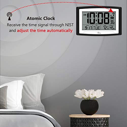 WallarGe Atomic Clock with Indoor Temperature and Humidity, 12.5 Inch Self-Setting Digital Wall Clock or Desk Clock, Battery Operated Digital Clock Large Display for Seniors, Auto DST - Image 2
