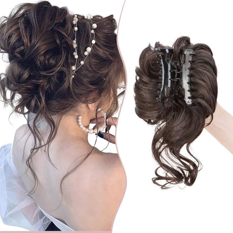 Claw Messy Bun Hairpieces Wavy Curly 75G Thick Hair Chignon Tousled Updo Doughnut Hair Bun Synthetic Ponytail Dark Brown