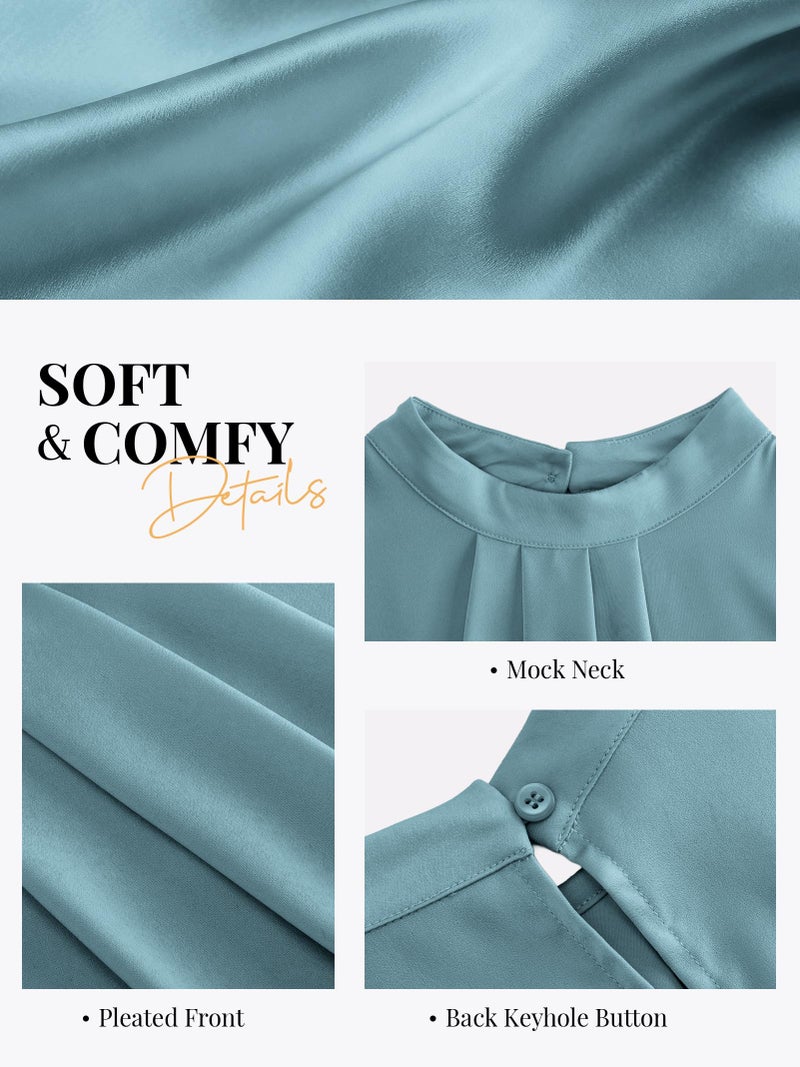 Funlingo Womens Pleated Tank Tops Silk Satin Summer Dressy Casual Tunic Blouse 2026 Trendy Mock Neck Work Shirts Pleatings Turquoise L - Image 5