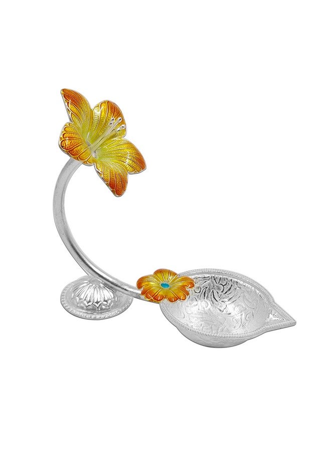 MAA SILVER Pure Silver Diya with Yellow Colour Enamel & Hibiscus Flower Shape Design BIS Hallmarked Perfect for Gift and Pooja Use (92.5 Purity)(15 Grams Silver) - Image 1