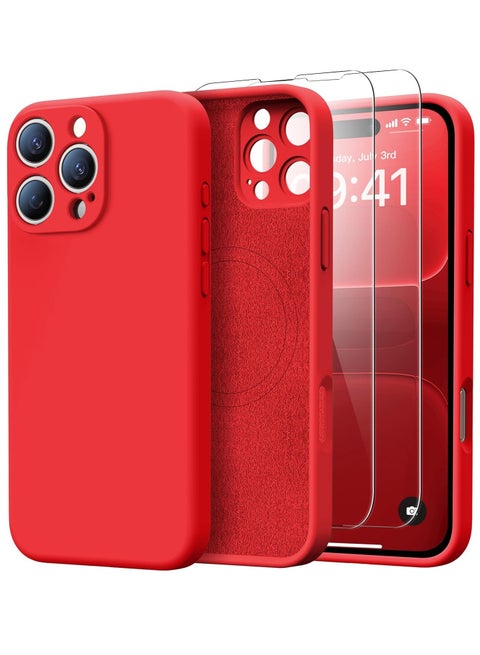 iPhone 16 Pro Max Case with 2 Screen Protectors – Liquid Silicone Protective Phone Case (6.9") – Compatible with MagSafe – Upgraded Camera Protection – Red