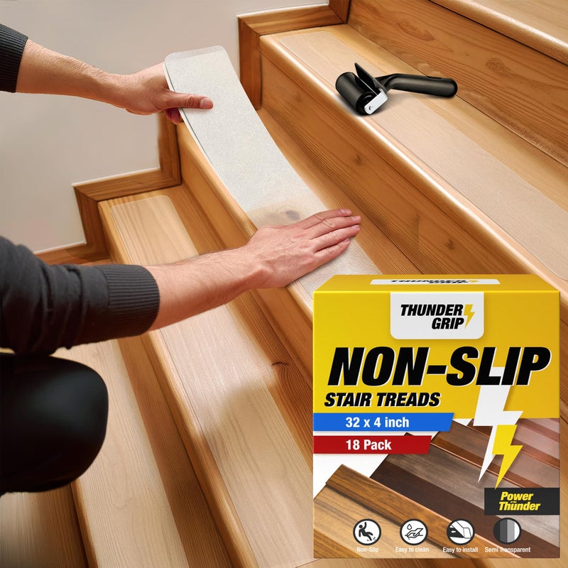 THUNDER GRIP Clear Stair Treads Non-Slip 32"x4" - 18-Pack Indoor Stair Grips Non Slip for Wooden Steps - Anti Slip Adhesive Strips for Dogs & Elderly - Staircase Step Treads - Transparent Treads for Wood Stairs - Image 1