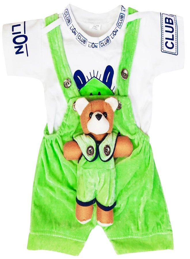 little PANDA Baby Boys Velvet Dungaree & Cotton t-shirt Clothing Set (0-6 months, Green) - Image 1