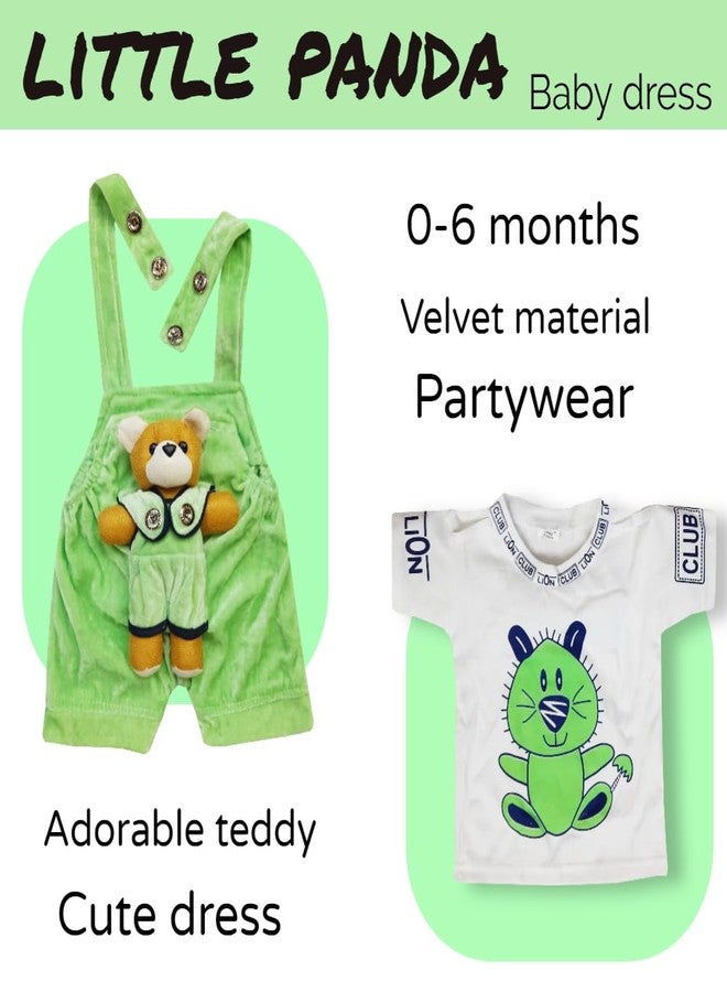 little PANDA Baby Boys Velvet Dungaree & Cotton t-shirt Clothing Set (0-6 months, Green) - Image 2