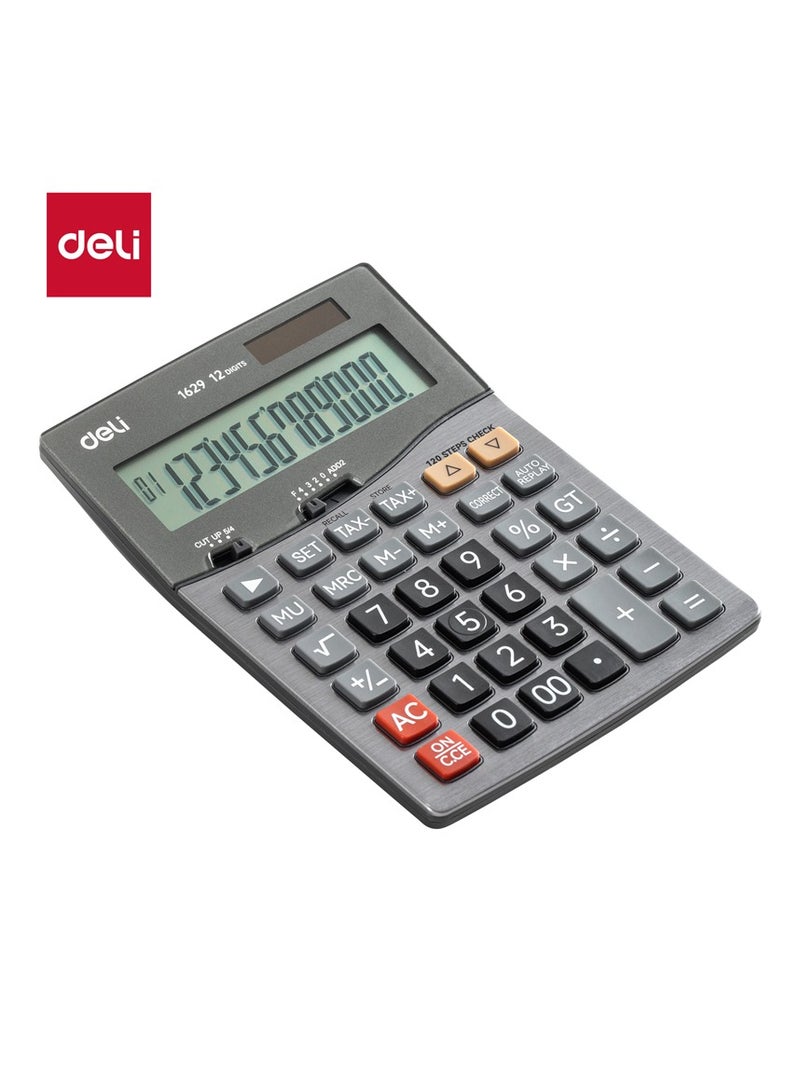 Deli آلة حاسبة دلي E1629 بـ 12 رقم - طاقة شمسية/بطارية LR44 مزدوجة، وظيفة ضريبة، 120 خطوة تحقق، رمادي داكن (1 قطعة/صندوق ملون) - مثالية للمكتب، المحاسبة، البيع بالتجزئة - Image 1