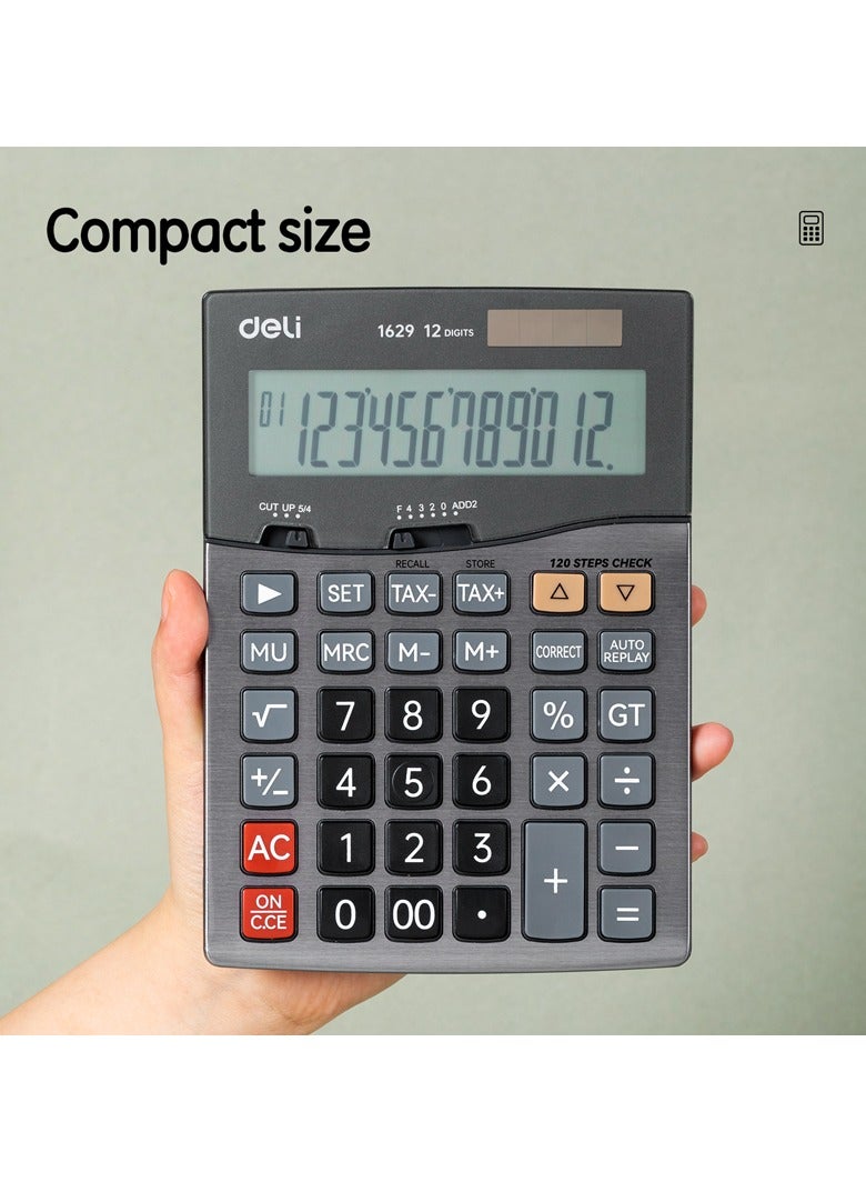 Deli آلة حاسبة دلي E1629 بـ 12 رقم - طاقة شمسية/بطارية LR44 مزدوجة، وظيفة ضريبة، 120 خطوة تحقق، رمادي داكن (1 قطعة/صندوق ملون) - مثالية للمكتب، المحاسبة، البيع بالتجزئة - Image 3