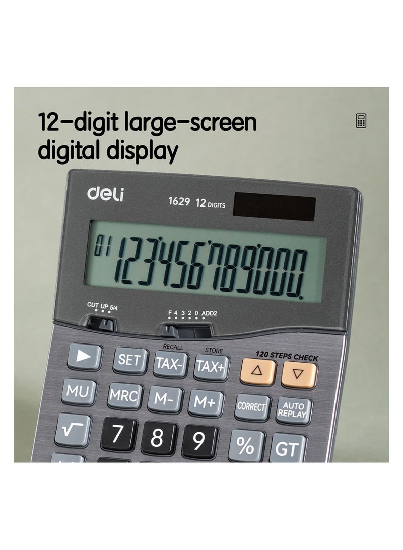 Deli آلة حاسبة دلي E1629 بـ 12 رقم - طاقة شمسية/بطارية LR44 مزدوجة، وظيفة ضريبة، 120 خطوة تحقق، رمادي داكن (1 قطعة/صندوق ملون) - مثالية للمكتب، المحاسبة، البيع بالتجزئة - Image 4