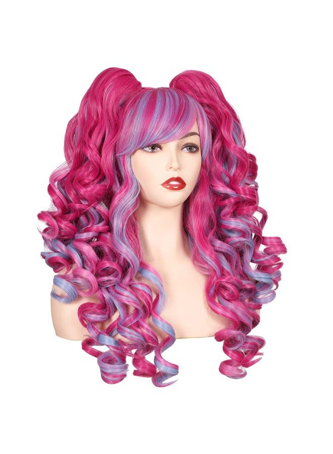 ColorGround Long Curly Cosplay Wig with 2 Ponytails (Hot Pink/Pink/Blue) - Image 4