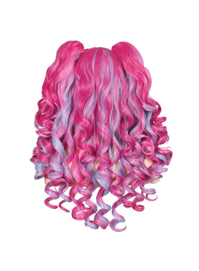 ColorGround Long Curly Cosplay Wig with 2 Ponytails (Hot Pink/Pink/Blue) - Image 3