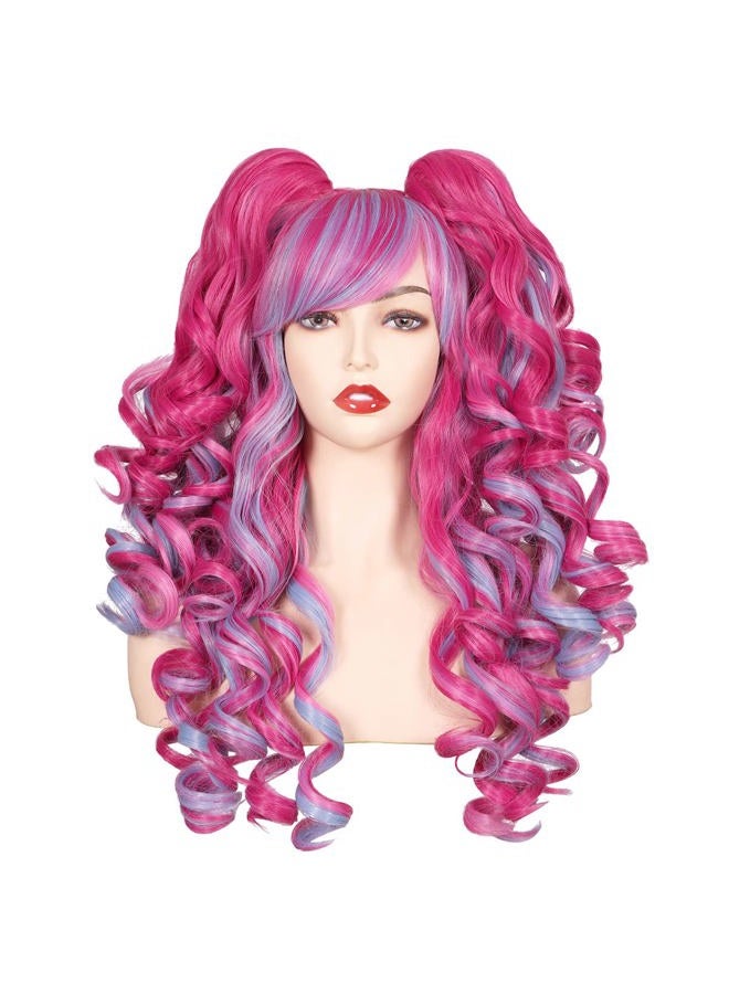 ColorGround Long Curly Cosplay Wig with 2 Ponytails (Hot Pink/Pink/Blue) - Image 1