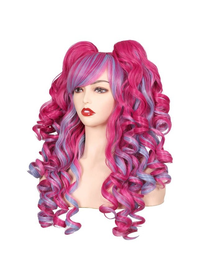 ColorGround Long Curly Cosplay Wig with 2 Ponytails (Hot Pink/Pink/Blue) - Image 2