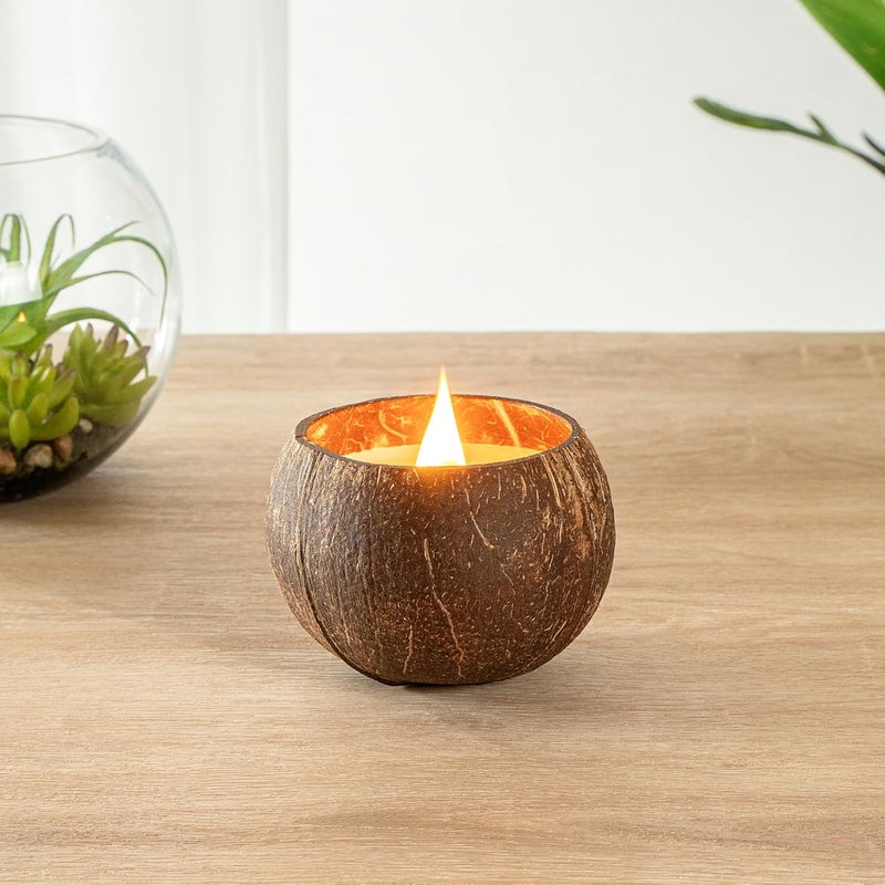 Restaurantware-Coco Casa 3.9 x 2.8 Inch Coconut Shell Candle, 1 Hand Poured Coconut Bowl Candle - Pineapple Papaya Fragrance, Double Wax Blend, Soy Wax Scented Candle, Wooden Wick - Image 3