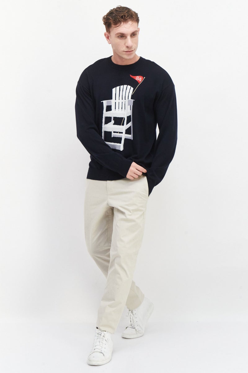PERRY ELLIS Men Crew Neck Embroidered Sweaters, Navy - Image 3