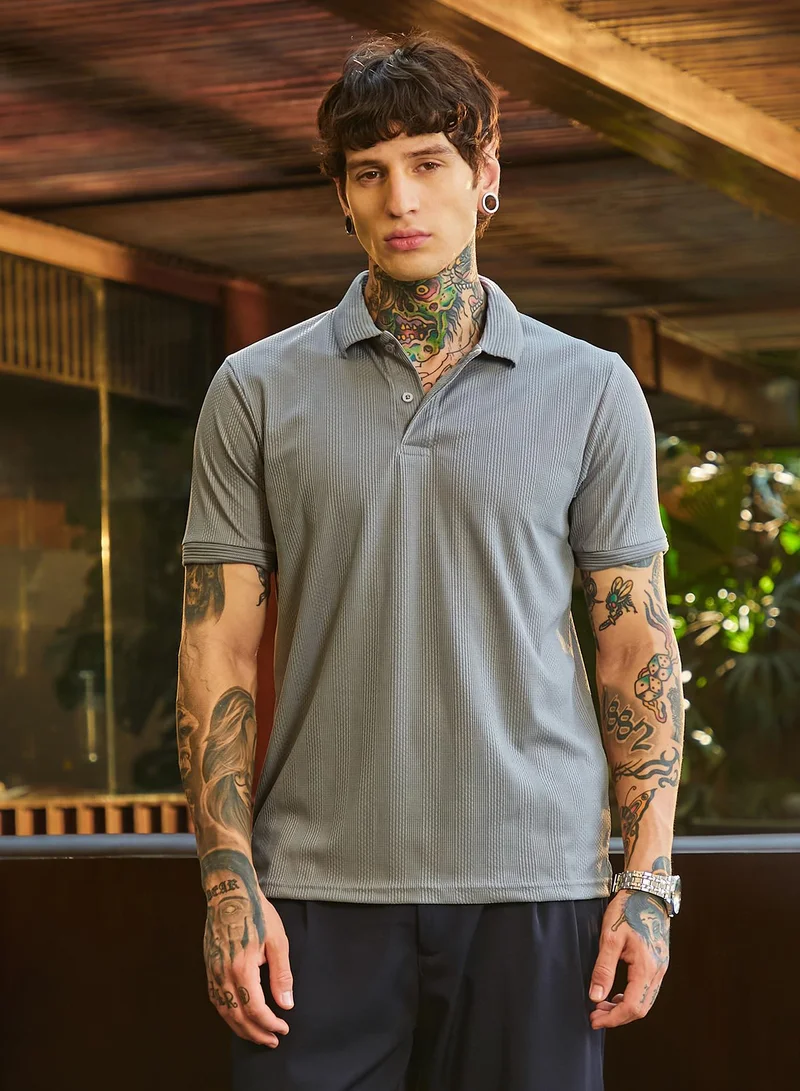 Campus Sutra Men's Coin Grey Ribbed -Tactile Polo T-Shirt