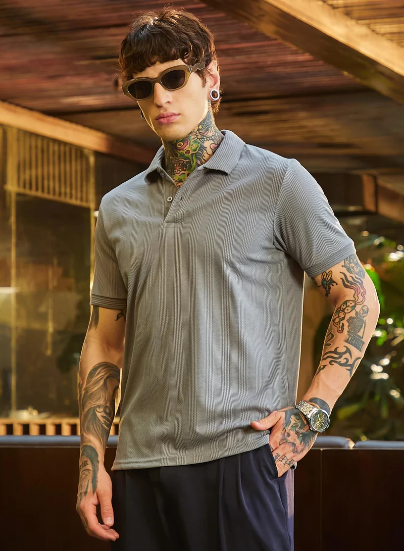 Campus Sutra Men's Coin Grey Ribbed -Tactile Polo T-Shirt