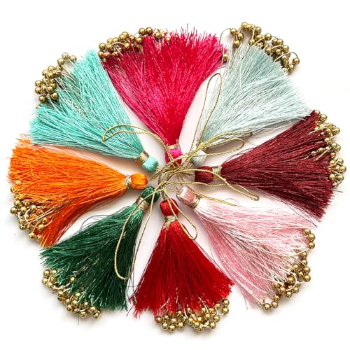 Adikala Pack of 10 Fancy Silk Tassels with Zari Bead Thread Latkan for Perfect Embellishments for Suit, Kurti, Gown, Saree, Blouse, Dupatta, Lehenga & Jewelry, DIY Art & Craft 10CM (Cream) - Image 3