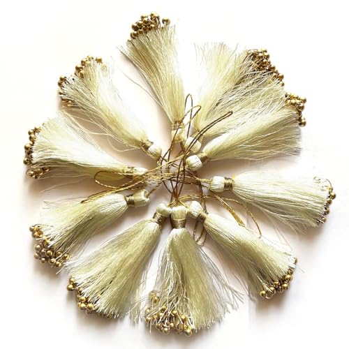 Adikala Pack of 10 Fancy Silk Tassels with Zari Bead Thread Latkan for Perfect Embellishments for Suit, Kurti, Gown, Saree, Blouse, Dupatta, Lehenga & Jewelry, DIY Art & Craft 10CM (Cream) - Image 2