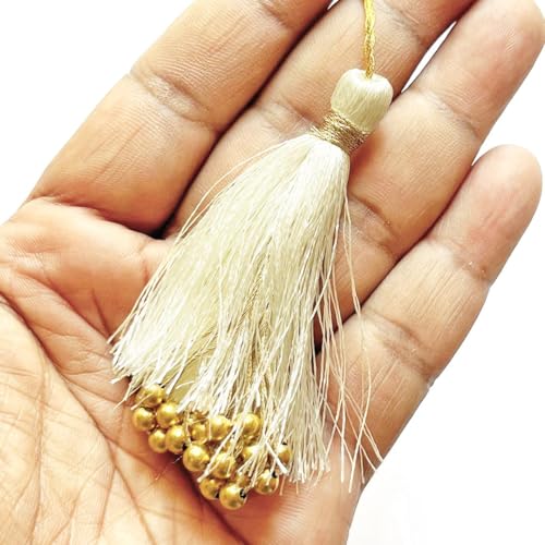 Adikala Pack of 10 Fancy Silk Tassels with Zari Bead Thread Latkan for Perfect Embellishments for Suit, Kurti, Gown, Saree, Blouse, Dupatta, Lehenga & Jewelry, DIY Art & Craft 10CM (Cream) - Image 1