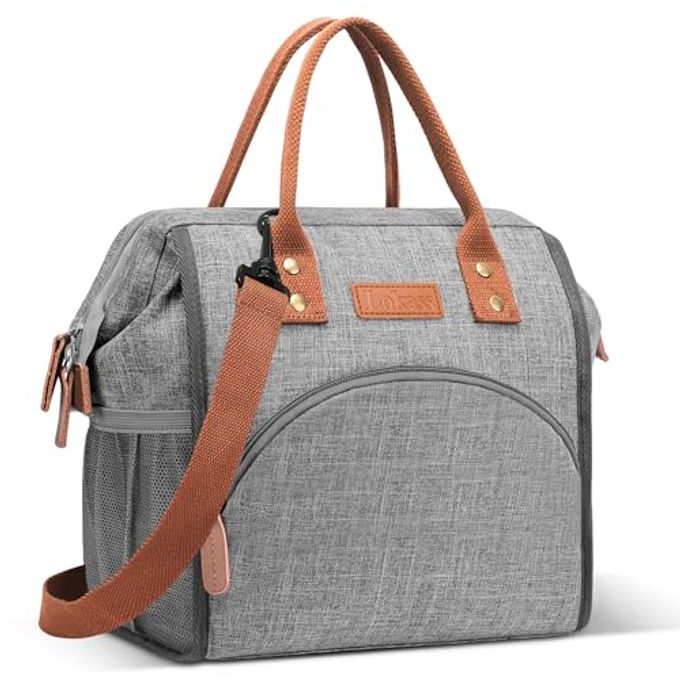 LOKASS Lunch Bag Insulated Lunch Box Wide-Open Lunch Tote Bag Large Drinks Holder Durable Nylon Snacks Organizer with Removable Shoulder Strap for Women Men Adults Work Outdoor,Grey