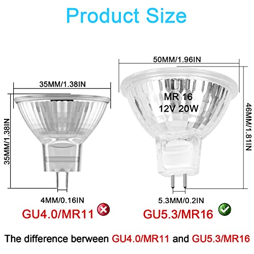 Lacnooe MR16 Halogen Bulb 20W Dimmable 12V GU5.3 Bi Pin Base Spotlight with Long Lifespan, 2700K Warm White MR16 Bulbs with Clear Glass Cover for Landscape, Track Lights, Fiber Optics, Desk Lamps, 6 Pack - Image 4