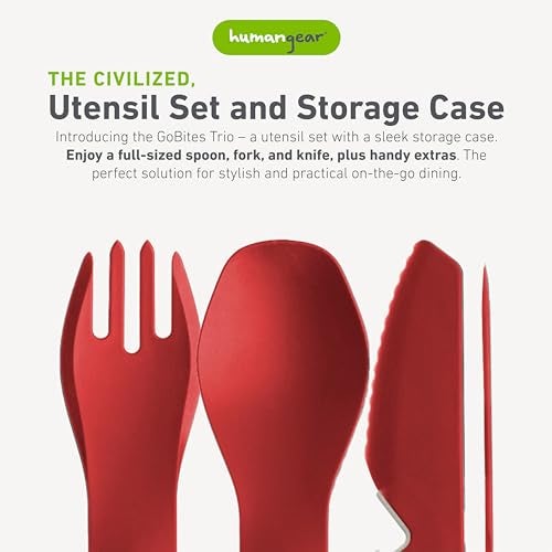 humangear GoBites Trio - Travel & Camping Utensils - Portable & Convertible Dining Ware - Multi-Functional Knife, Fork, Spoon & Toothpick, Red - Image 2