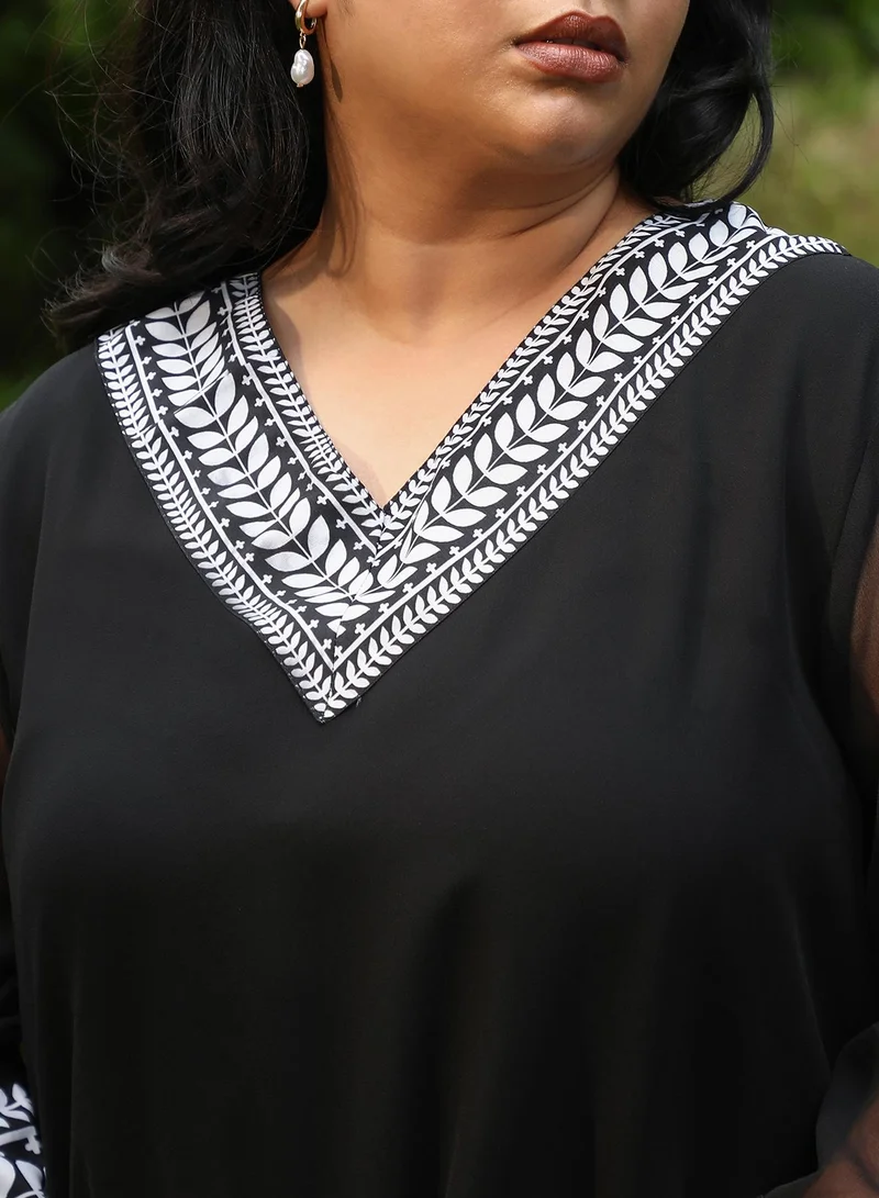 Instafab Plus Instafab Plus Women's Midnight Black Indie Leaf-Lined Imprint Kurta Set For Ethnic Wear | V-Neck, Long Flared Sleeve | Floral Placement Print Plain Fabric | 2 Piece Kurta Set For Casual & Evening Wear