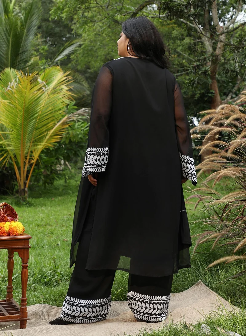Instafab Plus Instafab Plus Women's Midnight Black Indie Leaf-Lined Imprint Kurta Set For Ethnic Wear | V-Neck, Long Flared Sleeve | Floral Placement Print Plain Fabric | 2 Piece Kurta Set For Casual & Evening Wear