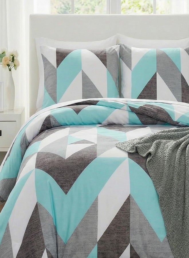 Bedbay طقم لحاف Bedbay بلون أزرق مخضر، مقاس كينج، رمادي وفيروزي، طقم سرير عصري بنمط هندسي متعرج، حشوة لحاف، 3 قطع، طقم سرير غربي، ناعم وخفيف الوزن، بديل للريش، مناسب لجميع الفصول - Image 1