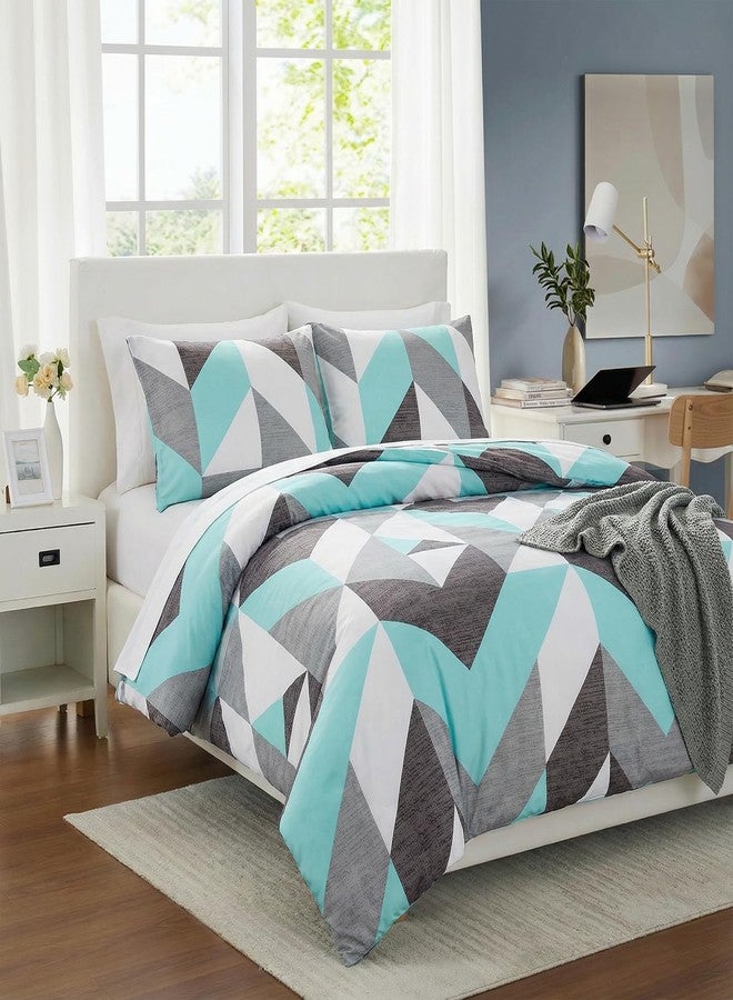 Bedbay طقم لحاف Bedbay بلون أزرق مخضر، مقاس كينج، رمادي وفيروزي، طقم سرير عصري بنمط هندسي متعرج، حشوة لحاف، 3 قطع، طقم سرير غربي، ناعم وخفيف الوزن، بديل للريش، مناسب لجميع الفصول - Image 3