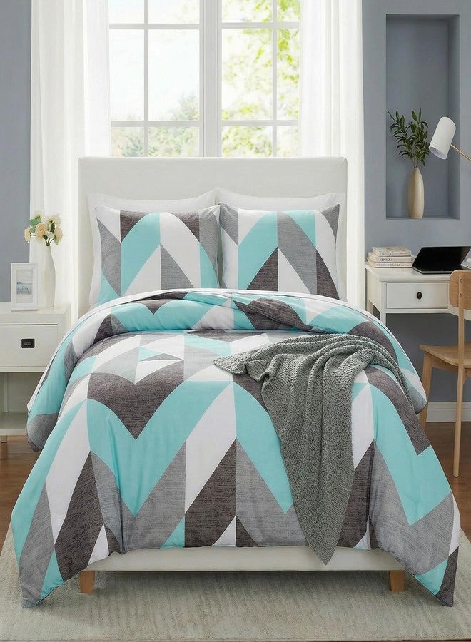 Bedbay طقم لحاف Bedbay بلون أزرق مخضر، مقاس كينج، رمادي وفيروزي، طقم سرير عصري بنمط هندسي متعرج، حشوة لحاف، 3 قطع، طقم سرير غربي، ناعم وخفيف الوزن، بديل للريش، مناسب لجميع الفصول - Image 2