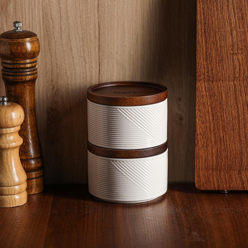 Adewnest Salt and Pepper Bowls: 10 oz Ceramic Stackable Spice Cellar with Wooden Lid - Stacked Seasoning Storage Containers for Countertop Stovetop - Striped, White - Image 5