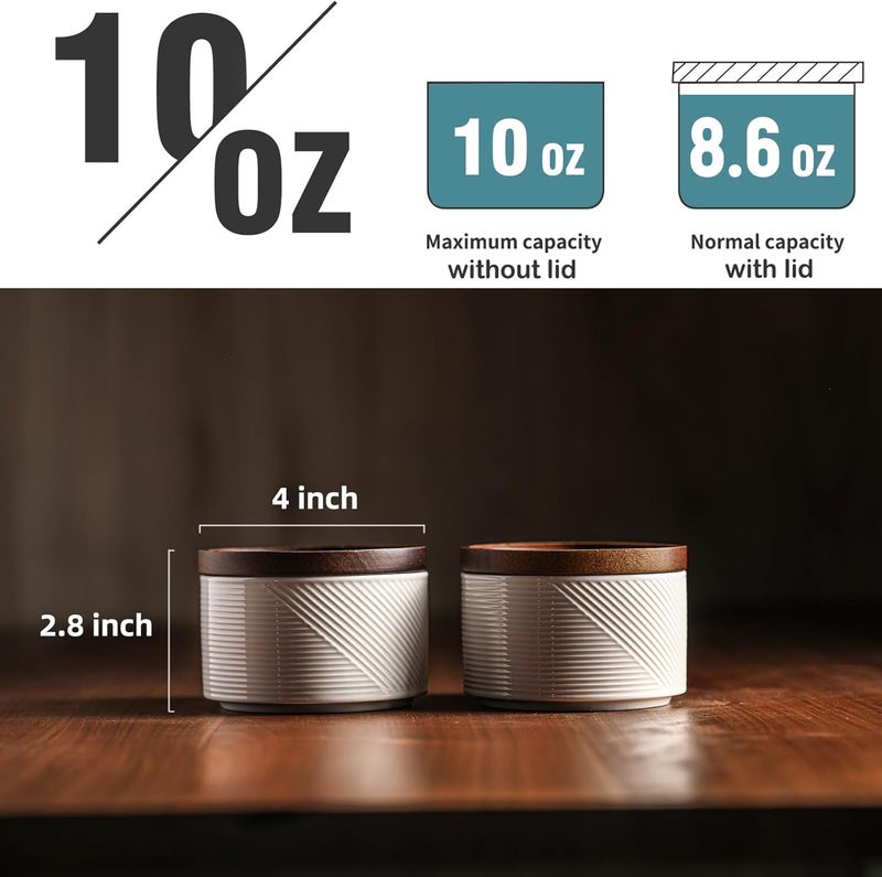 Adewnest Salt and Pepper Bowls: 10 oz Ceramic Stackable Spice Cellar with Wooden Lid - Stacked Seasoning Storage Containers for Countertop Stovetop - Striped, White - Image 2