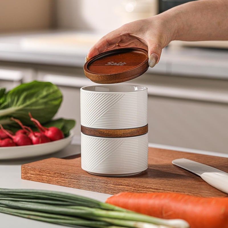 Adewnest Salt and Pepper Bowls: 10 oz Ceramic Stackable Spice Cellar with Wooden Lid - Stacked Seasoning Storage Containers for Countertop Stovetop - Striped, White - Image 3