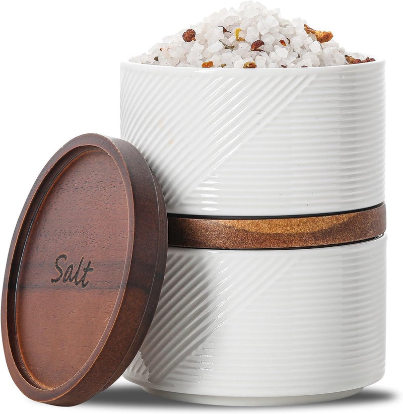 Adewnest Salt and Pepper Bowls: 10 oz Ceramic Stackable Spice Cellar with Wooden Lid - Stacked Seasoning Storage Containers for Countertop Stovetop - Striped, White - Image 1