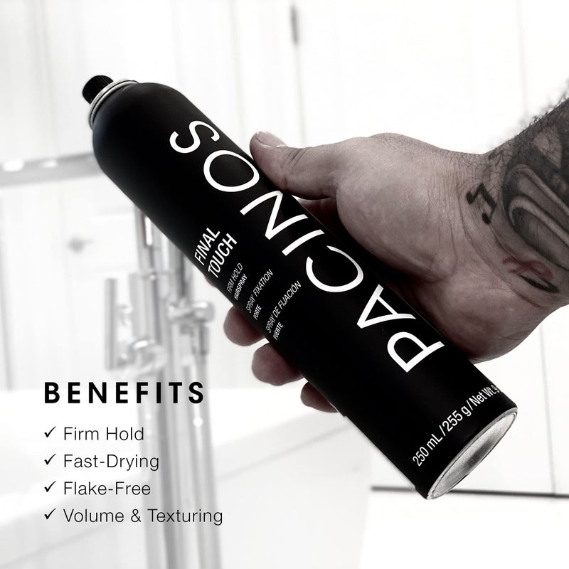 Pacinos بخاخ الشعر باكينوس فينال تاتش، مضاد للتجاعيد، تثبيت قوي، مرن، يجف بسرعة وخالي من القشور، يضيف حجمًا وملمسًا وقوة لتسريحتك، يعمل ضد الرياح والرطوبة والحرارة - Image 2