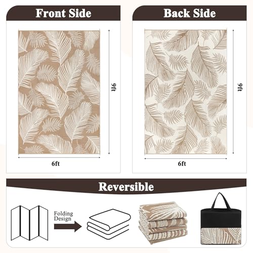 Pauwer Waterproof Outdoor Rug 6x9 Reversible Plastic Straw Patio Camping Rug Indoor Outdoor RV Mat Carpet for Deck Camper Porch Balcony Backyard Picnic Leaf Brown - Image 3