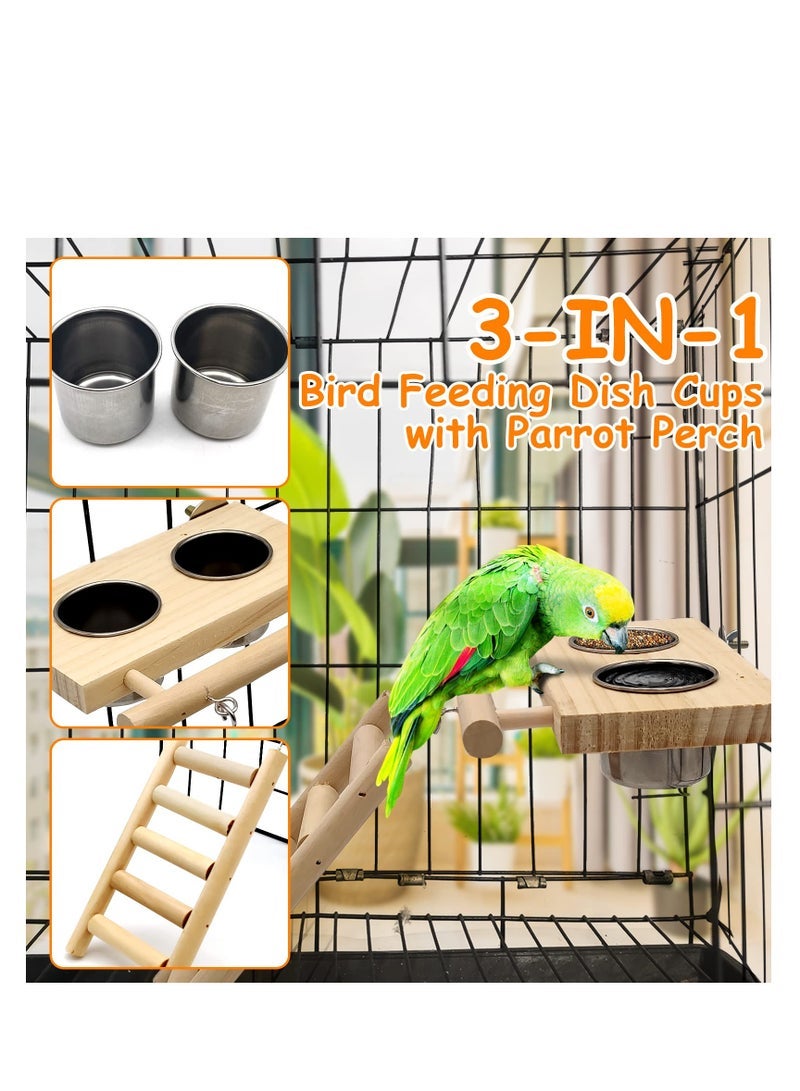 Captaintech Food Stainless Steel Cups Wooden Perch Stand, Hanging Feeder Bowls, Hanging Bird-Feeder, Feeding and Watering Supplies for Parakeets Conures Cockatiels Budgie Parrot - Image 2